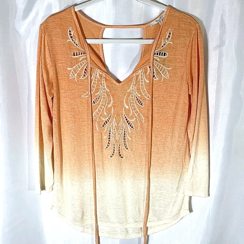 Miss Me Ombre Embroidered Tie Front Top